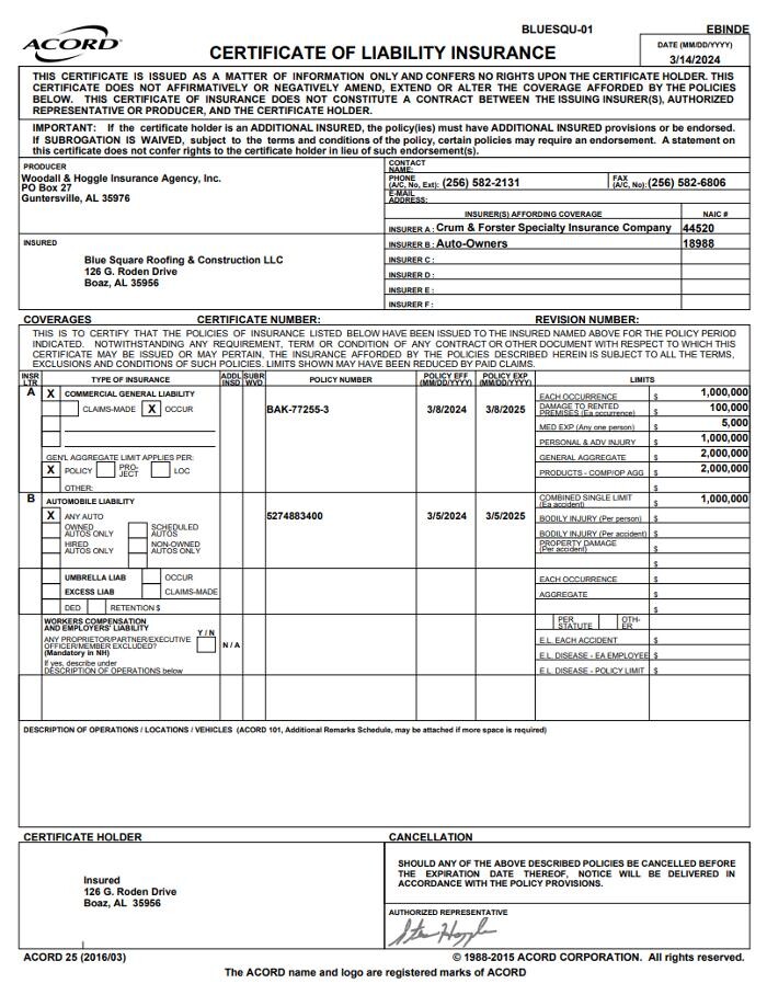 Images Blue Square Roofing & Construction, LLC